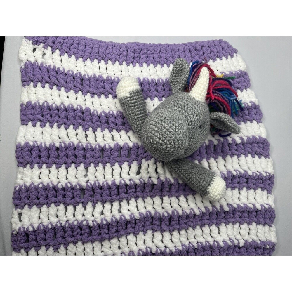 Handmade Crochet Unicorn Lovey Security Blanket Toy Colorful Rainbow Purple